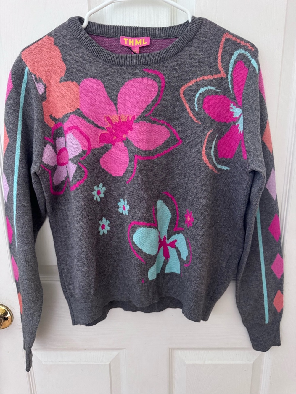 THML Charcoal Crewneck Sweater with Pink and Teal Floral Accents-Women’s Size S